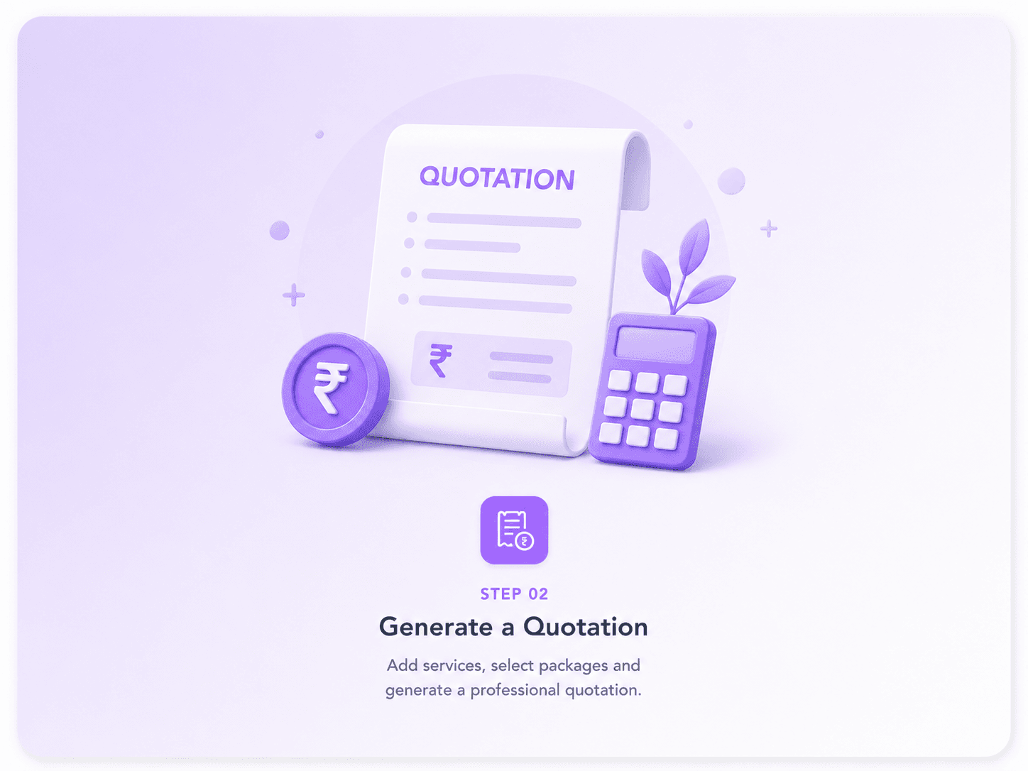BlinkPic billing workflow step 02: Generate a Quotation — Pick from your service packages or add custom line items. BlinkPic auto-calculates totals, taxes, and discounts. Share the quote with the client in seconds.