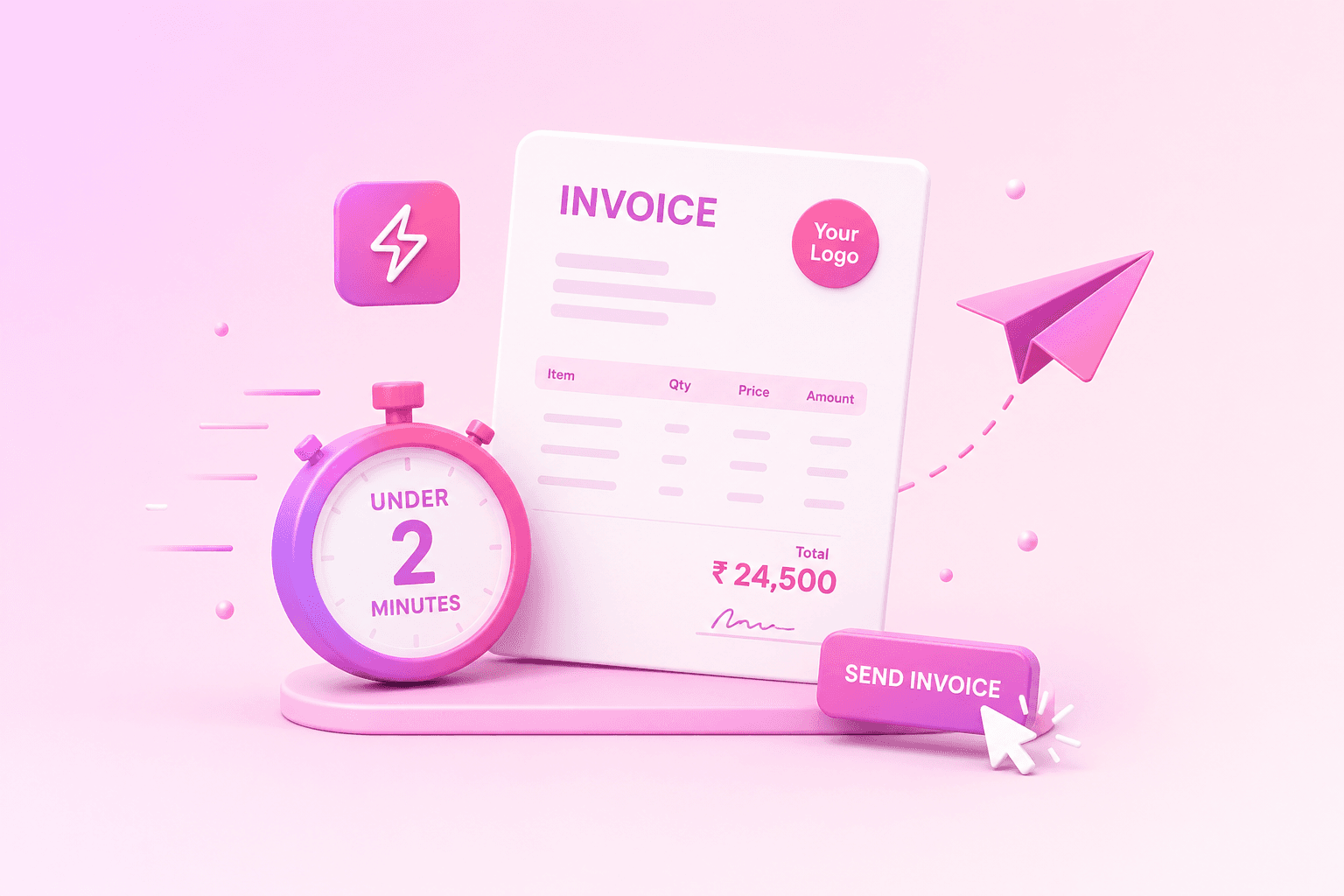 BlinkPic billing feature: Invoice in Under 2 Minutes — Select a client, add services from your package list, and hit send. BlinkPic generates a beautiful PDF invoice — branded with your logo and colors.