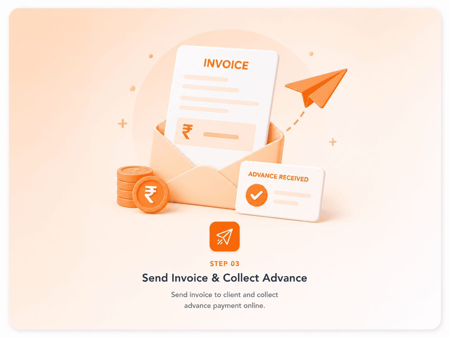 BlinkPic billing workflow step 03: Send Invoice & Collect Advance — Once the client approves, convert the quotation to a professional branded invoice. Record advance payments with a single tap.