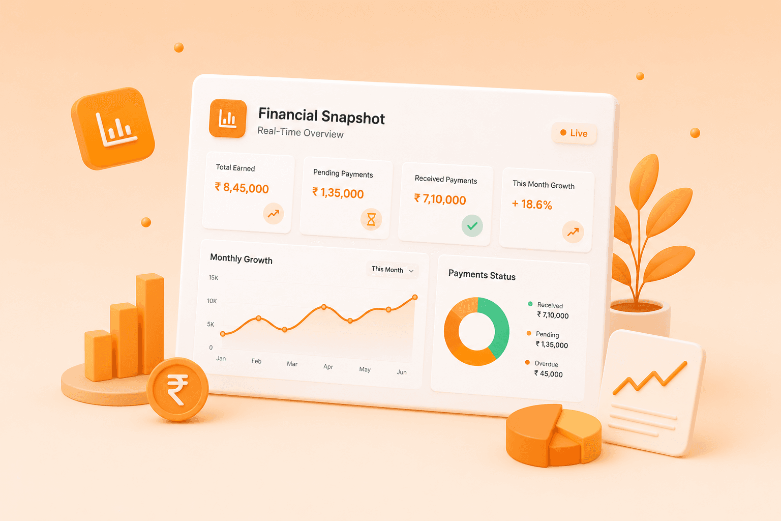 BlinkPic billing feature: Real-Time Financial Snapshot — See your total earned, pending payments, and monthly growth metric on a dashboard that updates the moment a payment is recorded.