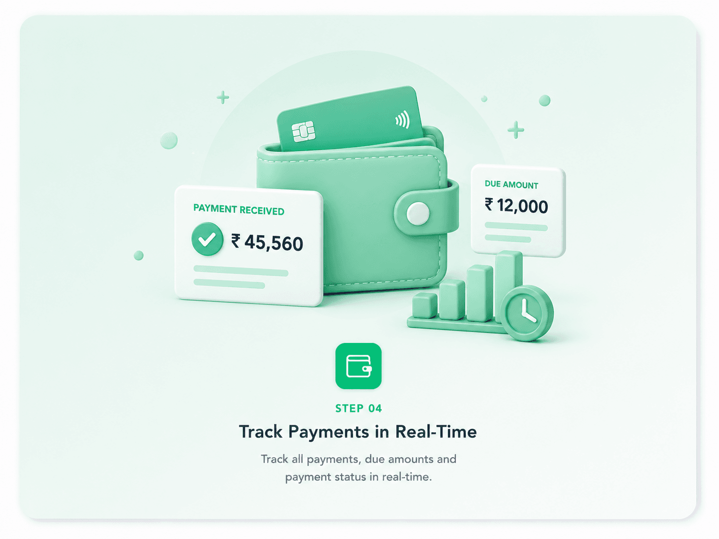 BlinkPic billing workflow step 04: Track Payments in Real-Time — See outstanding balances, partial payments, and full settlements in real time. Send automated reminders for pending dues.
