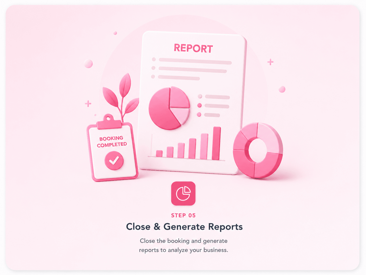 BlinkPic billing workflow step 05: Close & Generate Reports — Once the event is complete and full payment received, close the booking. View monthly revenue, expense, and profit reports at a glance.